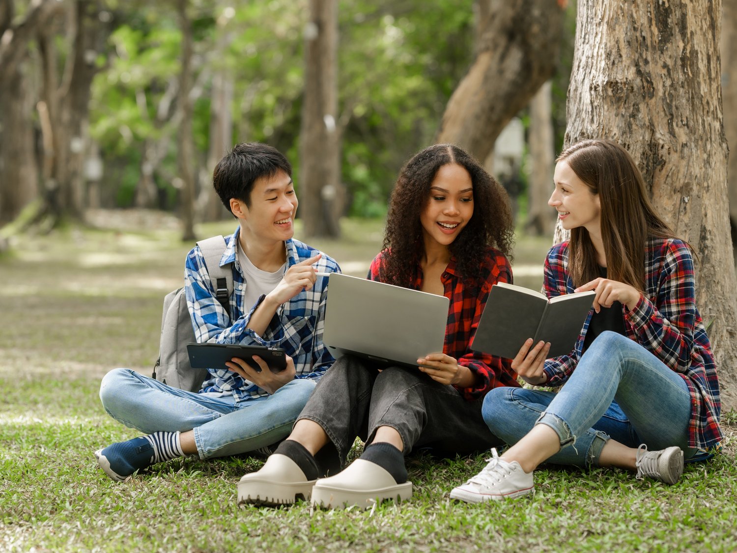 Internationale Studierende sitzen im Park und lernen zusammen.
