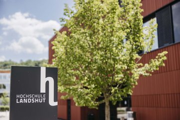 Man sieht eine Tafel mit der Aufschrift "Hochschule Landshut" und einen Baum