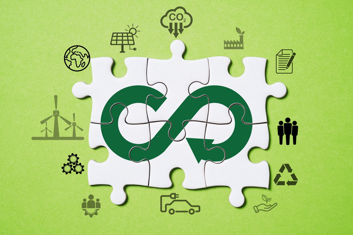 Infinity and ecology icon on white jigsaw puzzle for circular economy and sustainability development together business and environment concept.