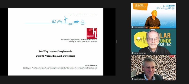 Referent Raimund Kamm (Sprecher LEE Bayern) mit Moderator Hans Stanglmair (Solarfreunde Moosburg) und dem Initiator der Landshuter Energiegespräche, Prof. Dr. Josef Hofmann (Hochschule Landshut). 