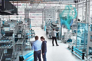 Innensicht der Musterfabrik mit 3D-Elementen