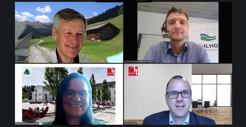 Beim Auftakt der Landshuter Energiegespräche im SoSe 2022: Prof. Dr. Josef Homann, Prof. Dr. Diana Hehenberger-Risse,  Prof. Dr. Marcus Jautze (alle Hochschule Landshut)  und (oben rechts) Dr. Max Huber (Sehlhoff GmbH).