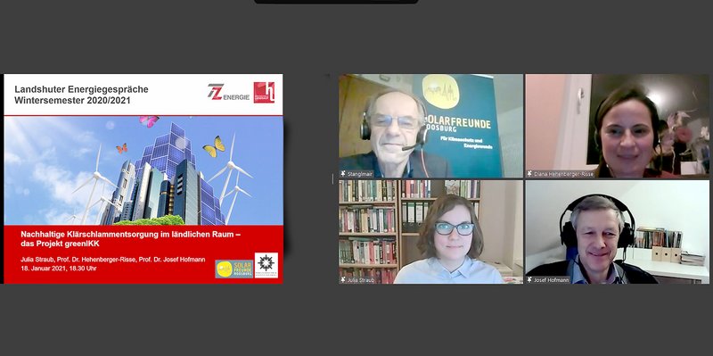 Bei der abschließenden Veranstaltung der LA Energeigespräche im WS 2020/21: Hans Stanglmair (Solarfreunde Moosburg), Prof. Dr. Diana Hehenberger-Risse, Julia Straub, Prof. Dr. Josef Hofmann (alle Hochschule Landshut).