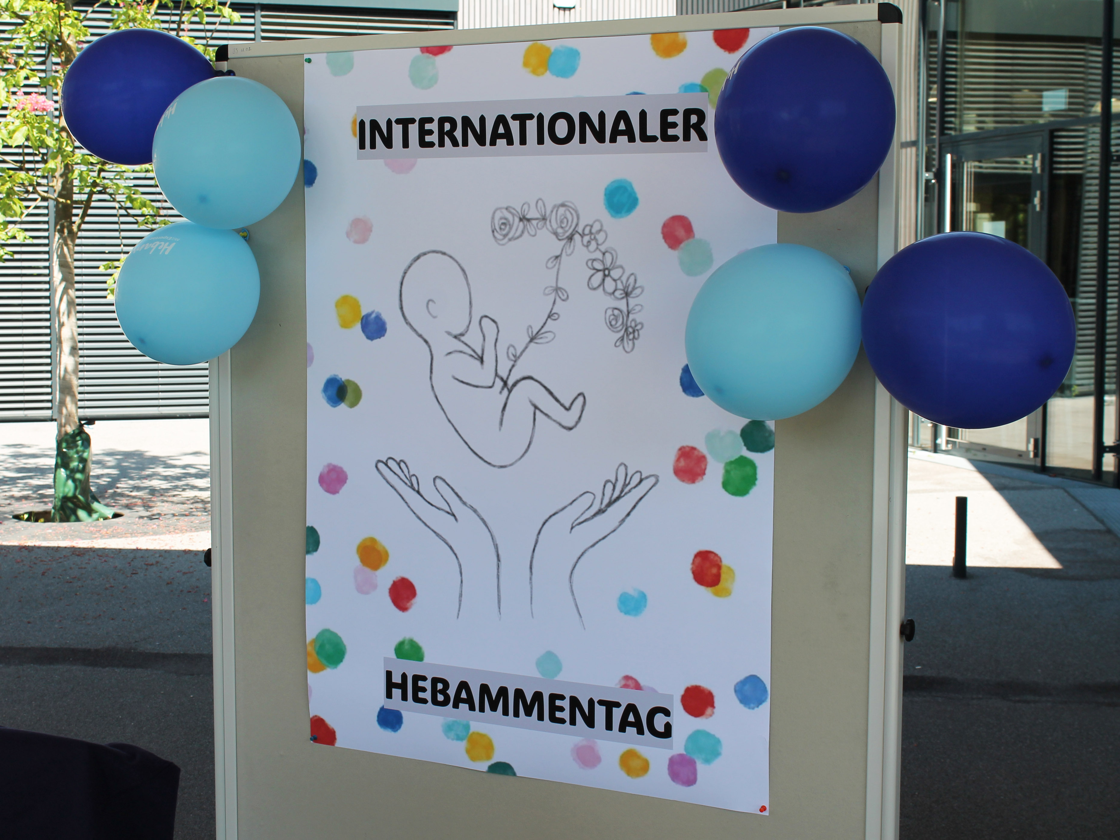 Man sieht ein Plakat zum internationalen Hebammentag an einer Pinnwand.