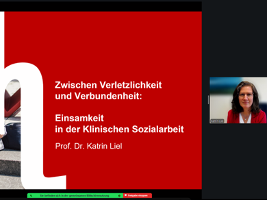 Screenshot eines Zoommeetings während eines Vortrags von Prof. Dr. Katrin Liel