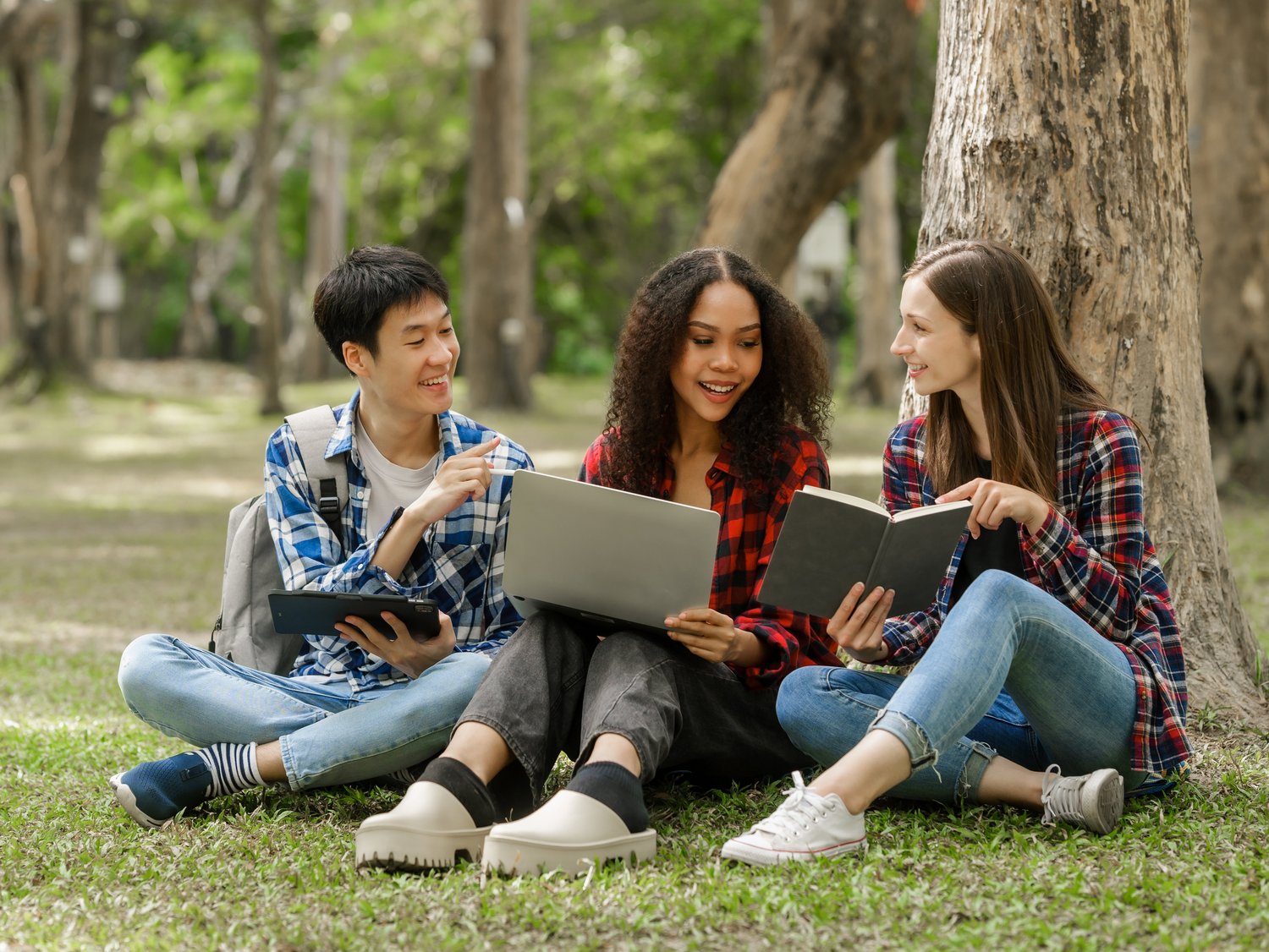 Internationale Studierende sitzen im Park und lernen zusammen.