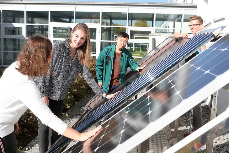 Studierende stehen vor verschiedenen Solarmodulen und berühren diese.