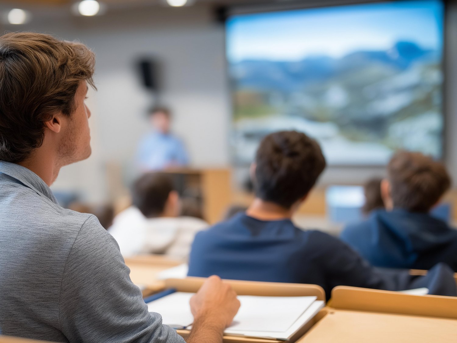 A group of students attends a guest lecture in an auditorium with slides projected, notebooks open, and a professor pacing, shown in a scholarly photo with screen clarity, pen scratches, and Gastvortrag