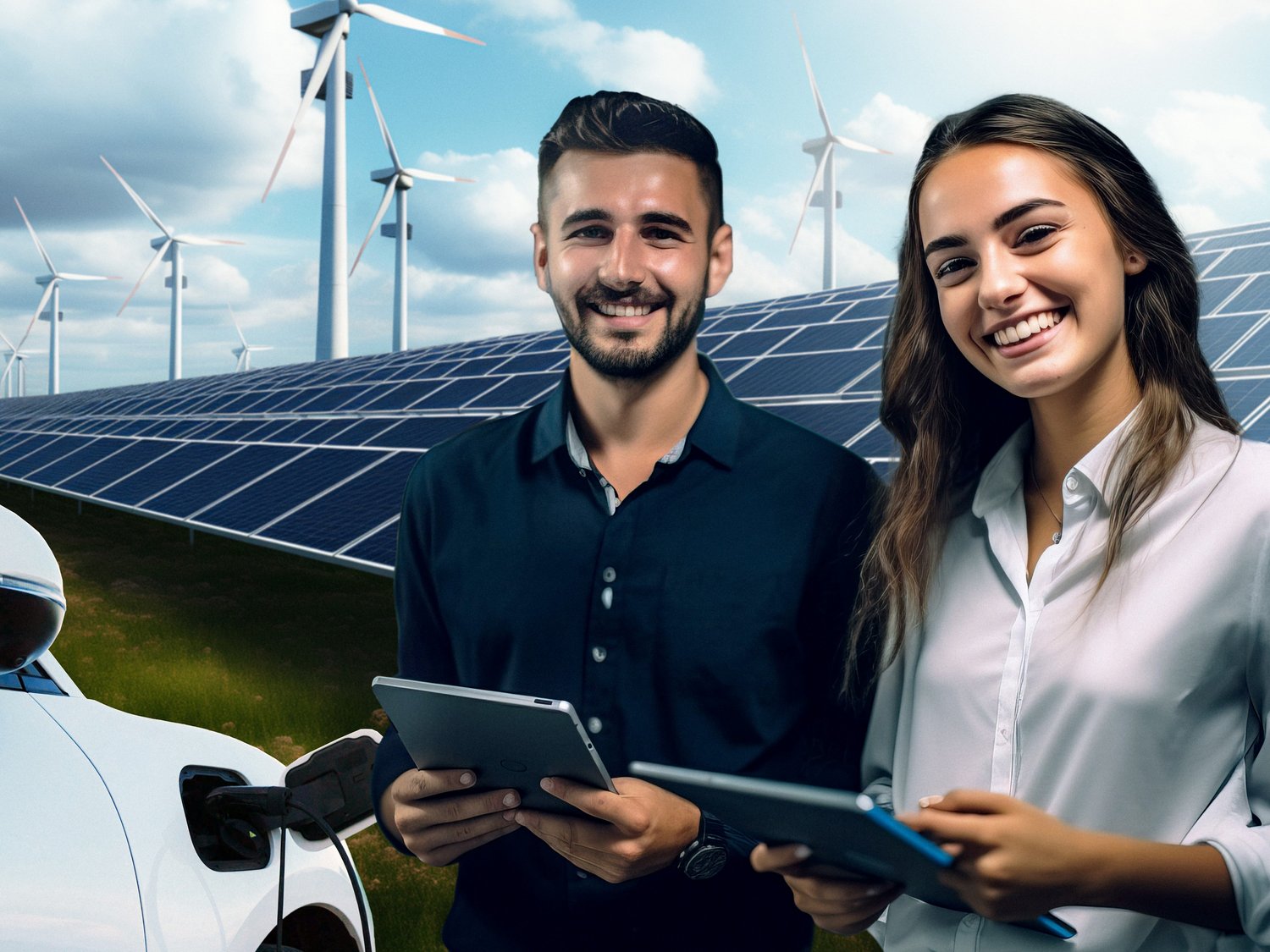 Studierende mit Handy und Laptop stehen vor Windrädern und PV-Anlage neben einem Elektroauto .