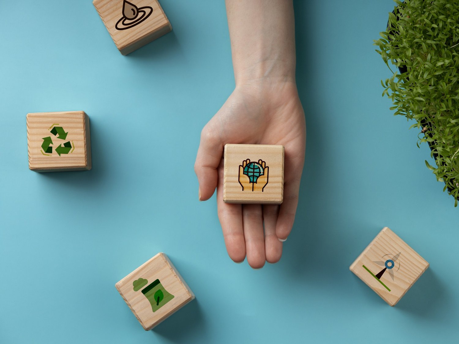 Holzquader mit Symbolen zum Thema Nachhaltigkeit