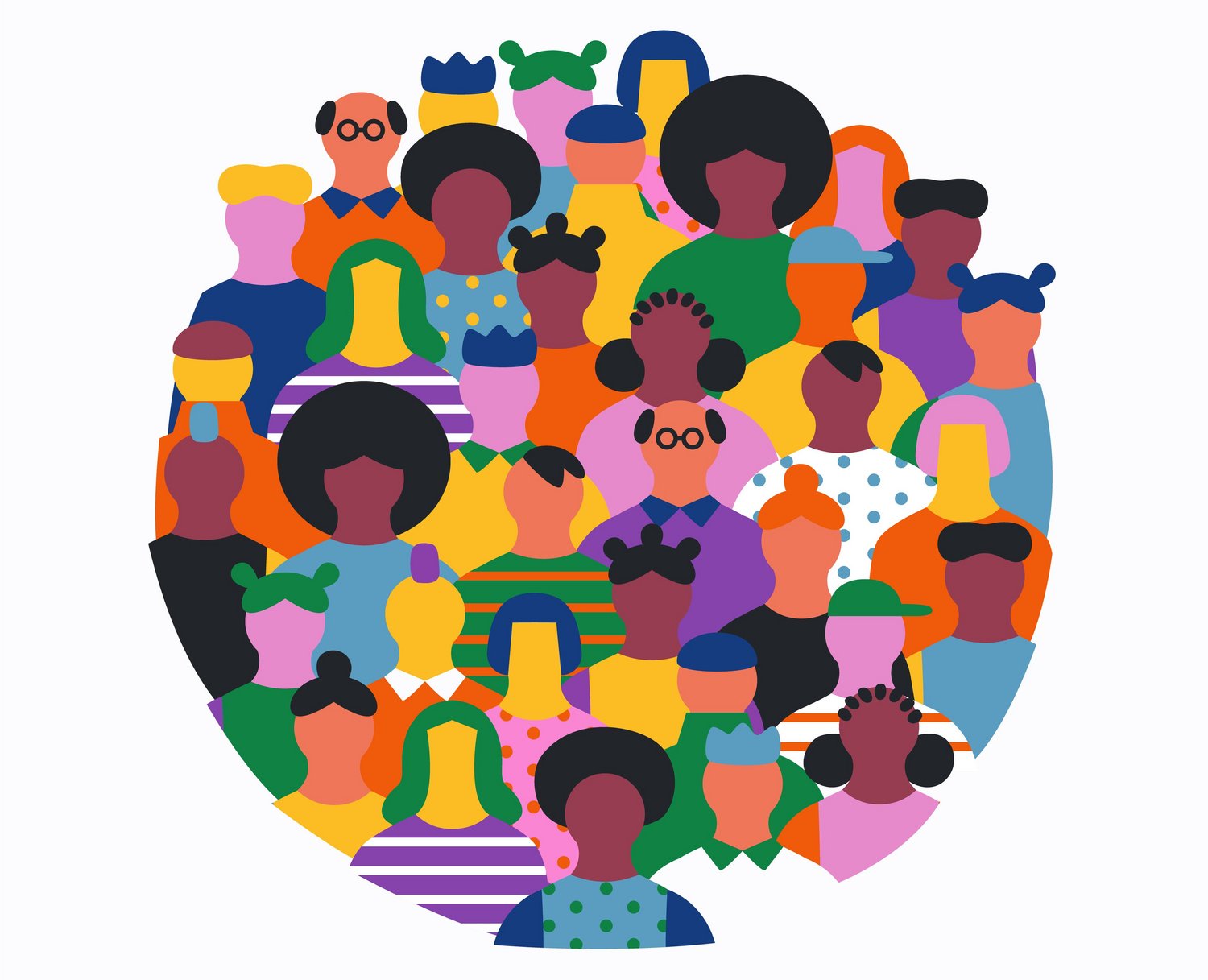 Diverse people cartoon circle shape crowd isolated Eine Grafik eines Kreises, der durch unterschiedliche Menschen ausgefüllt wird.