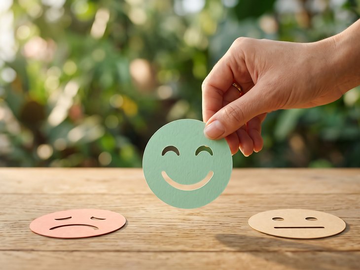 Hand holding a green smile icon for positive customer feedback Hand holding a green smile icon for positive customer feedback