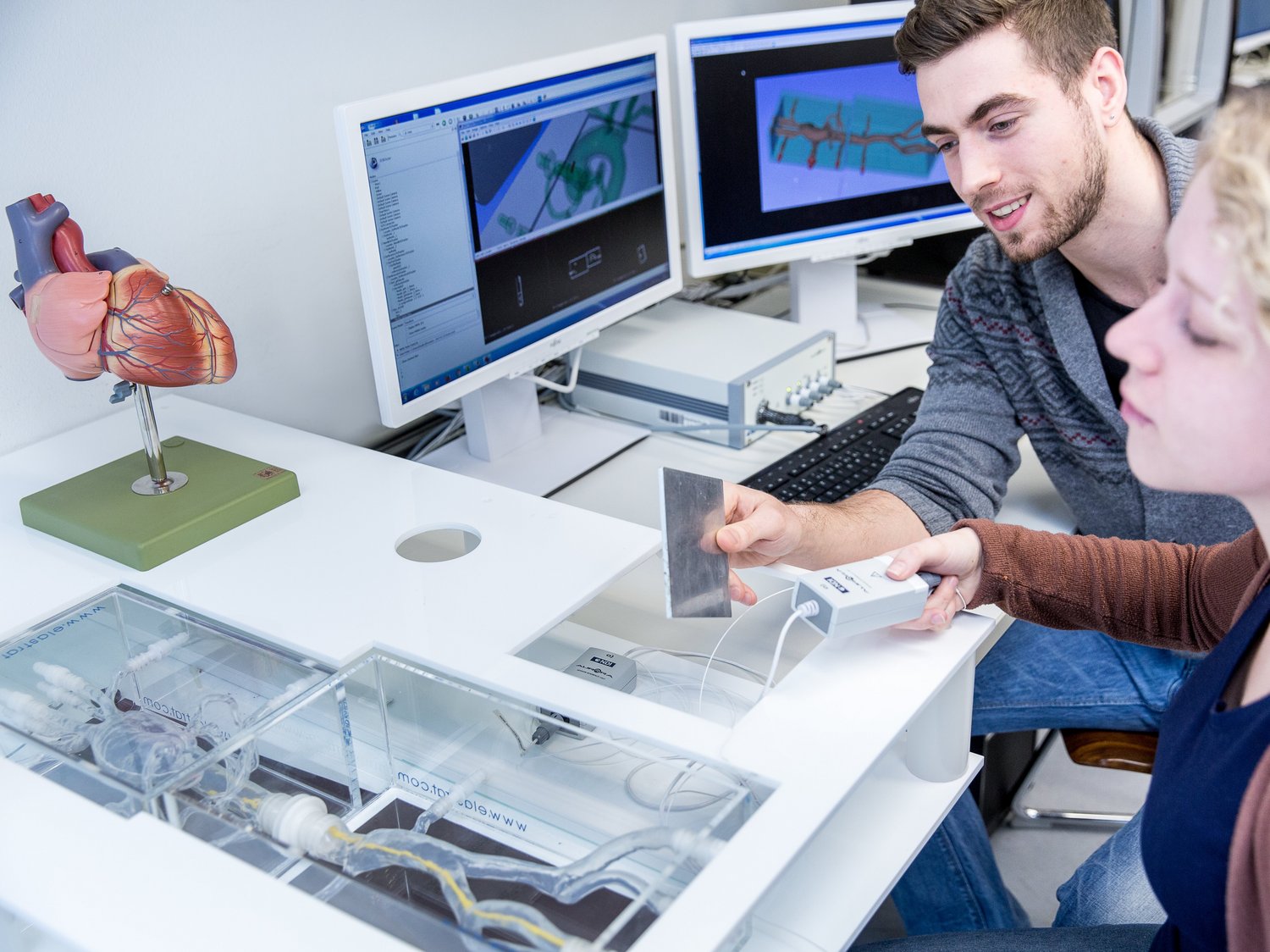 Zwei Studierende sitzen vor einem anatomischen Modell und bedienen es.