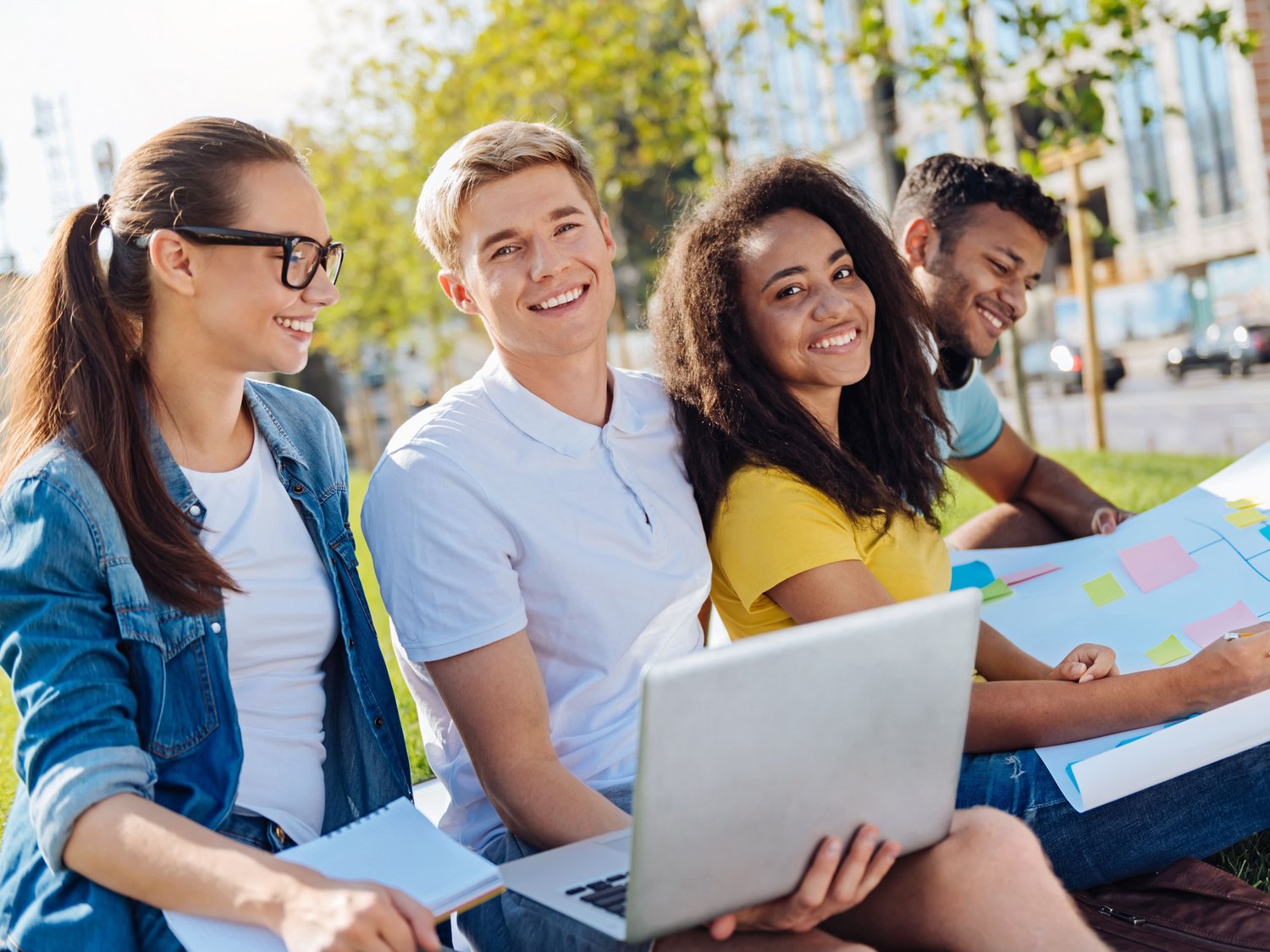 Studierende sitzen in einer Wiese
