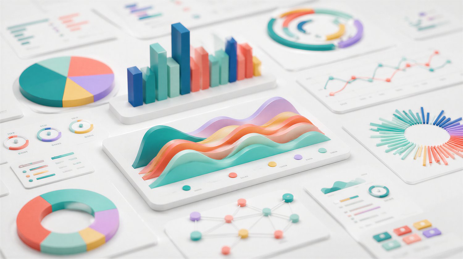 An abstract 3D rendering of financial data documents, colorful infographics, bar graphs, and pie charts. Excellent for business technology concepts, data analysis reporting, market analytics