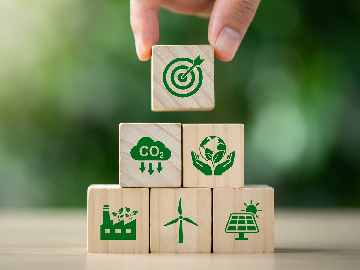 Hand stacking wooden blocks with environmental icons for sustainable development