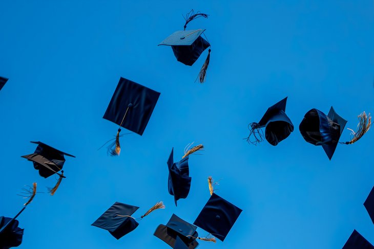 Upward Bound: A Joyous Commencement Sky Filled with Graduation Caps Celebrating Academic Achievement and New Beginnings