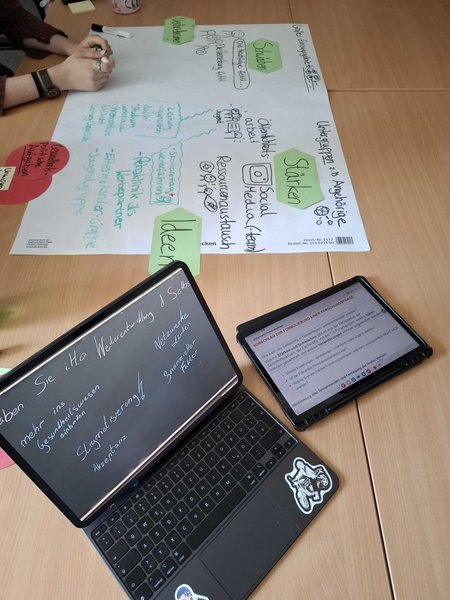 Ein Laptop und Flipchart liegen auf einem Tisch an dem in einer Gruppe gearbeitet wird.