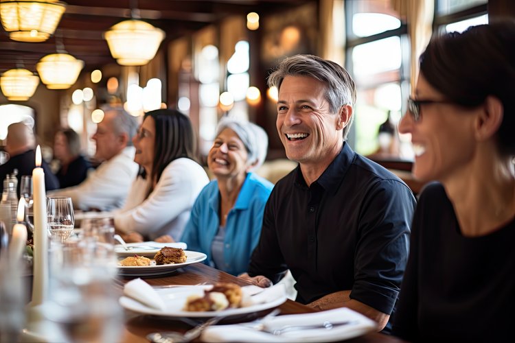 Man sieht eine Gruppe von Freunden, die in einem Restaurant eine Mahlzeit genießen und dabei fröhliche Gespräche, Lachen und Zusammengehörigkeit zeigen.