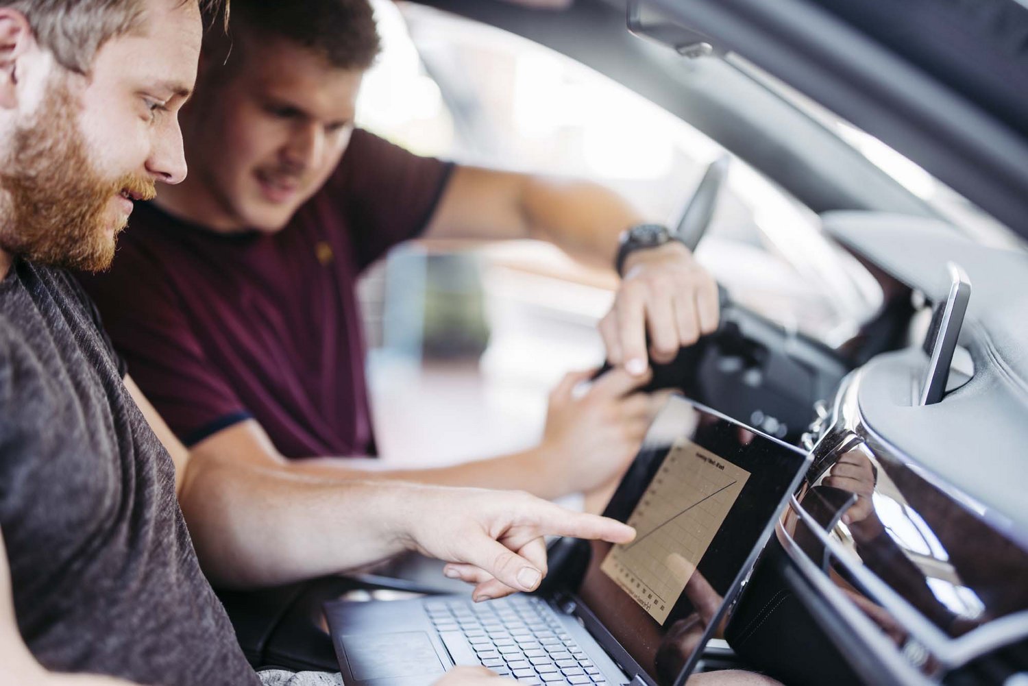 Zwei Personen sitzen in einem Fahrzeug die eine hat ein Laptop auf ihrem Schoß die andere Person schaut in den Laptop mit rein.