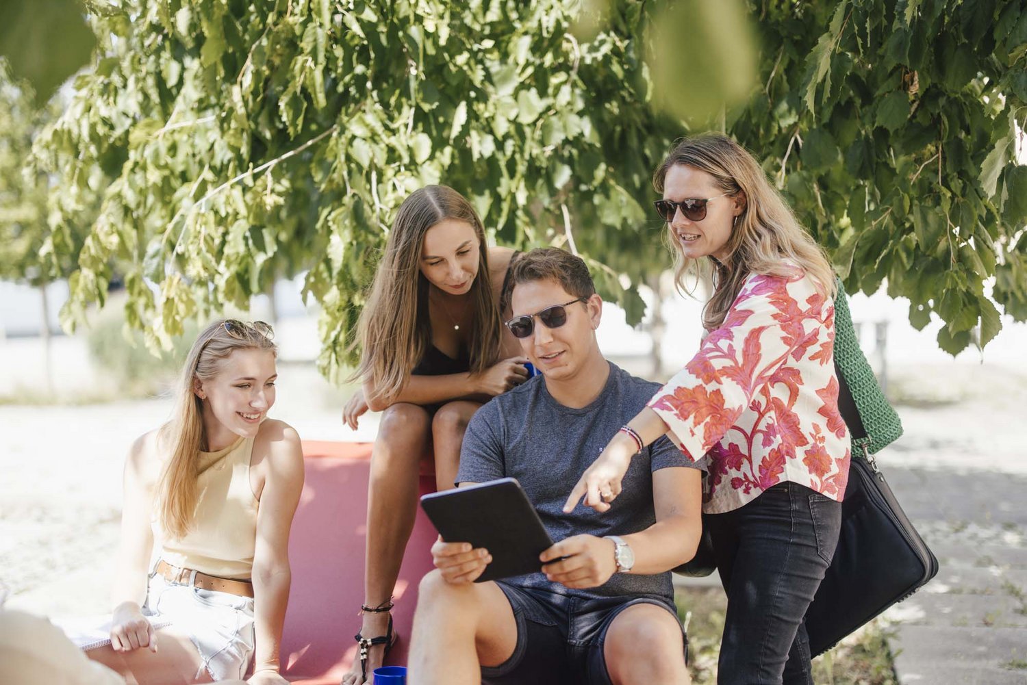 Eine Gruppe sitzt auf einem Enzo unter einem Baum und schauet auf ein Tablet