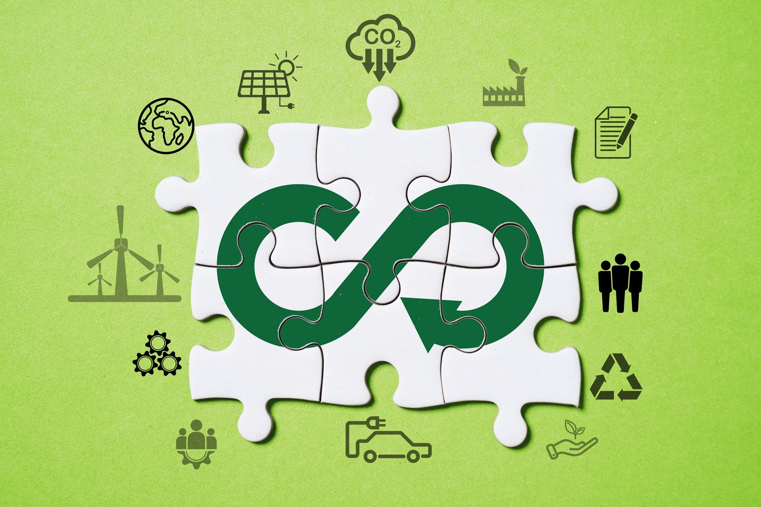 Infinity and ecology icon on white jigsaw puzzle for circular economy and sustainability development together business and environment concept.