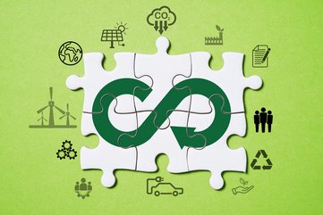 Infinity and ecology icon on white jigsaw puzzle for circular economy and sustainability development together business and environment concept.