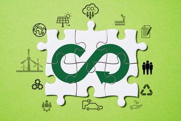 Infinity and ecology icon on white jigsaw puzzle for circular economy and sustainability development together business and environment concept.