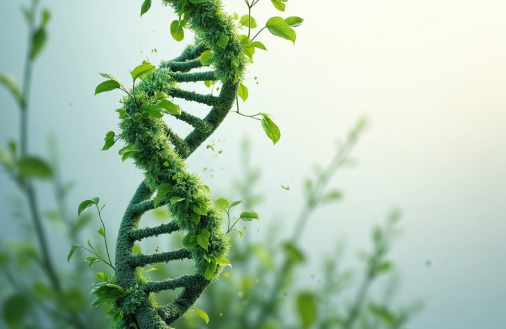 DNA helix entwined with green plants, leaves. Plant science, nature, genetic engineering. Generative AI background for biotech, pharmacy, medicine. Perfect for biology, eco organic concepts.